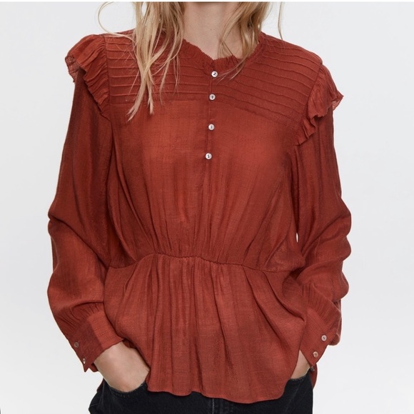 Zara Tops - Zara Rust Color Long sleeve Ruffle Crepe Top Size Large